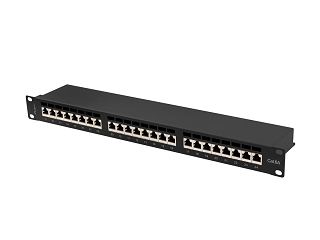 Patch panel FTP 19" Lanberg 24 porty 1U kat.6A ekranowany (czarny, z organizerem kabli)